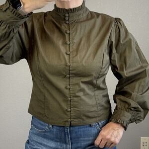 Kara Thoms High Neck Ruffle Balloon Sleeve Button Top Shirt Blouse Size L Green